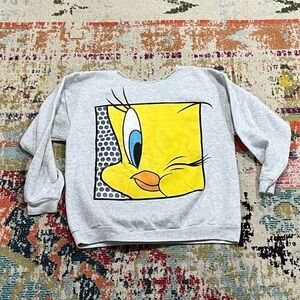 Vintage 1990s Looney Tunes Tweety Bird Cartoon Graphic Gray Pullover Sweaetshirt